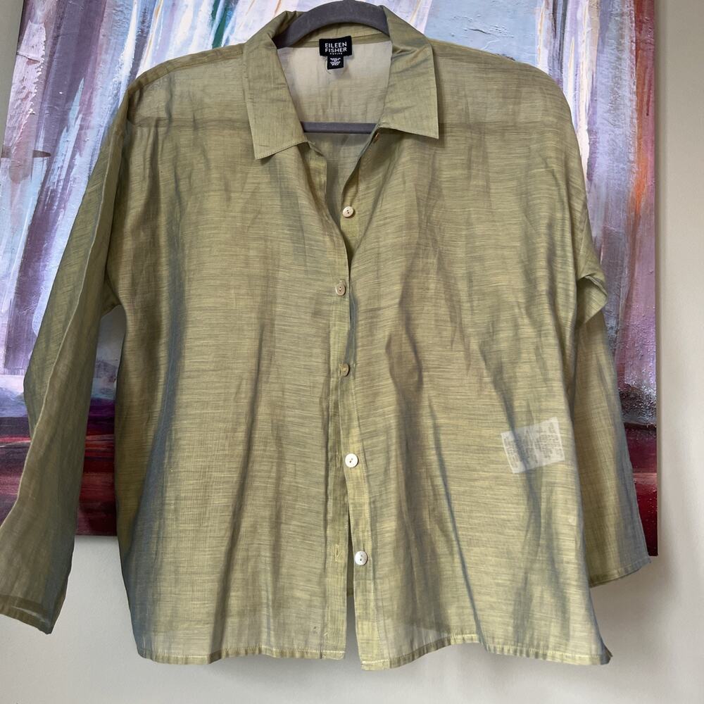 Eileen Fisher Sz PM Petite Elegant Cotton/Nylon Shirt Sleeves Olive Green EUC